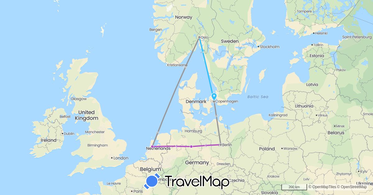 TravelMap itinerary: driving, plane, train, boat in Germany, Denmark, Netherlands, Norway (Europe)